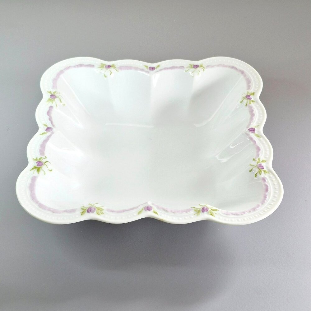 Viktoria White Square Serving Bowl by Hutschenreuther Hand Painted Purple Floral